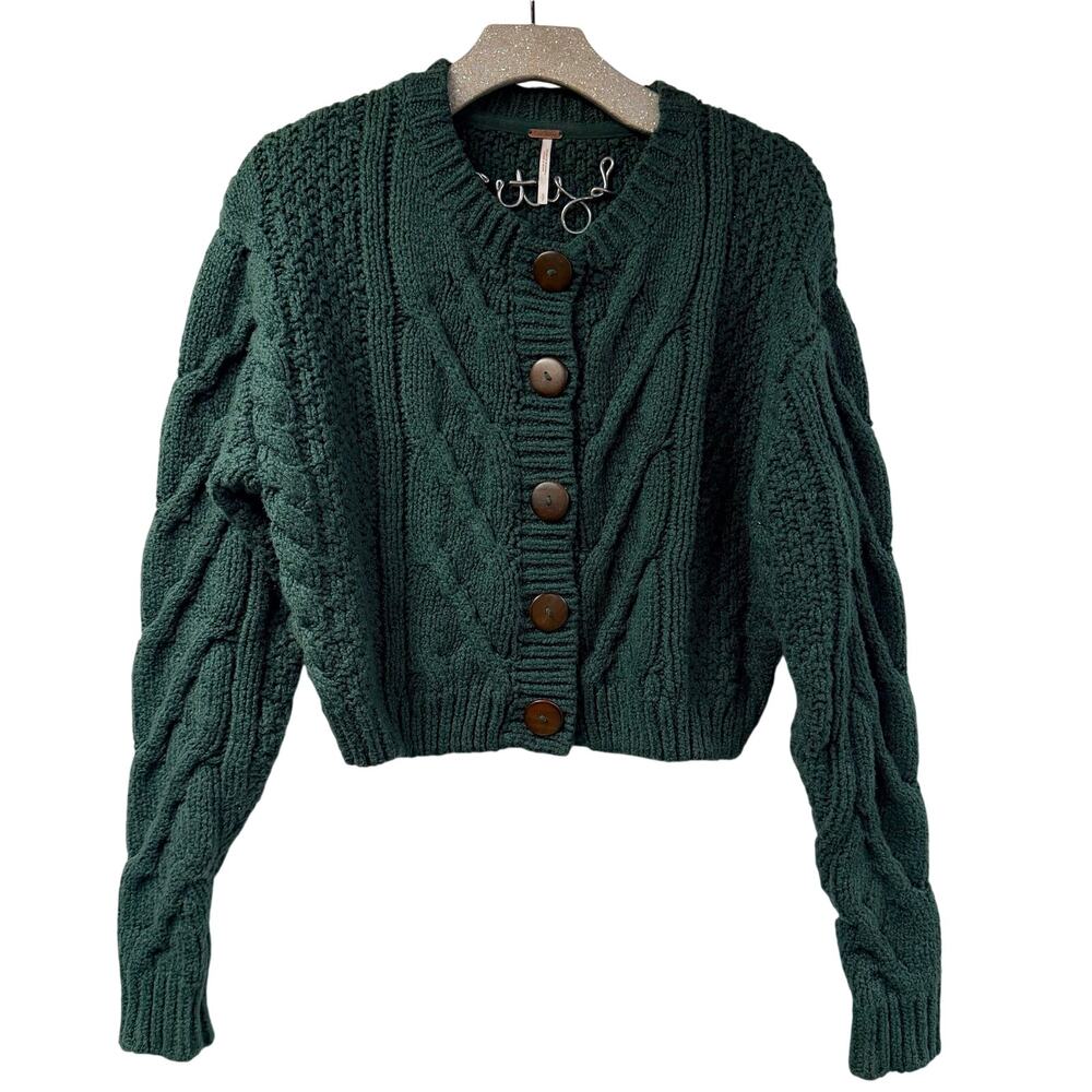Free People Green Sweater Chunky Cable Knit Cardigan Small